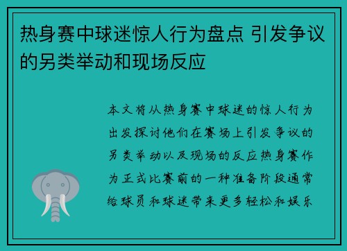 热身赛中球迷惊人行为盘点 引发争议的另类举动和现场反应 热身赛中球迷惊人行为盘点 引发争议的另类举动和现场反应