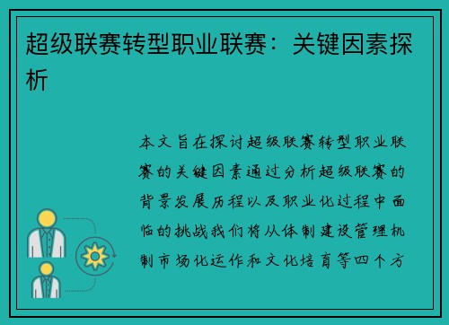 超级联赛转型职业联赛：关键因素探析